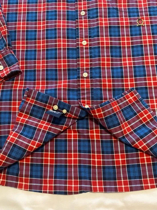 Tommy Hilfiger Men's 4XL Red and Blue Plaid Long Sleeve Button-Down Shirt - Picture 6 of 10